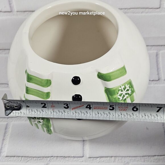 Snowman Cookie Jar Green and White w/Snowflake Scarf With Rubber Stopper 11"X6W. - Picture 11 of 13